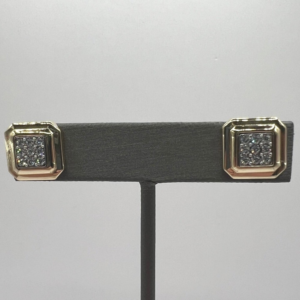 Vintage Pierced Earrings Crystal‎ Stones Center Square Gold Tone